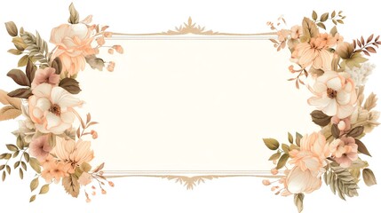 Fototapeta premium Elegant floral frame with pastel flowers and leaves, perfect for invitations, cards, or wedding designs. Soft and romantic illustration.