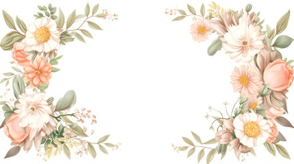 Fototapeta premium Elegant floral frame with soft pastel flowers and green leaves, perfect for wedding invitations, greeting cards, and decorative designs.