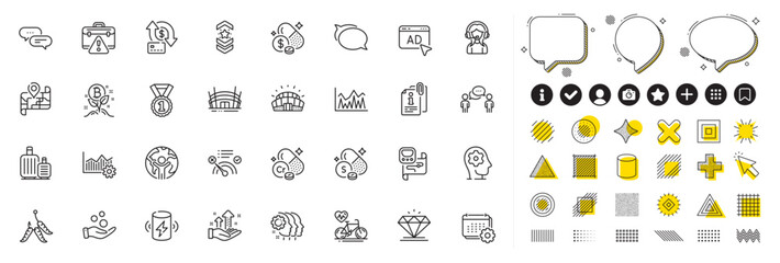 Set of Attached info, Ad and Operational excellence line icons for web app. Design elements, Social media icons. Talk bubble, Maggots, Sulfur mineral icons. Vector