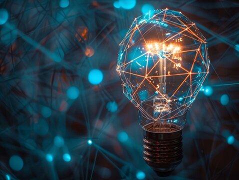 Idea and innovation with a low polygon wireframe light bulb. This depiction embodies the limitless potential of technology and creativity, inspiring new insights and breakthroughs.
