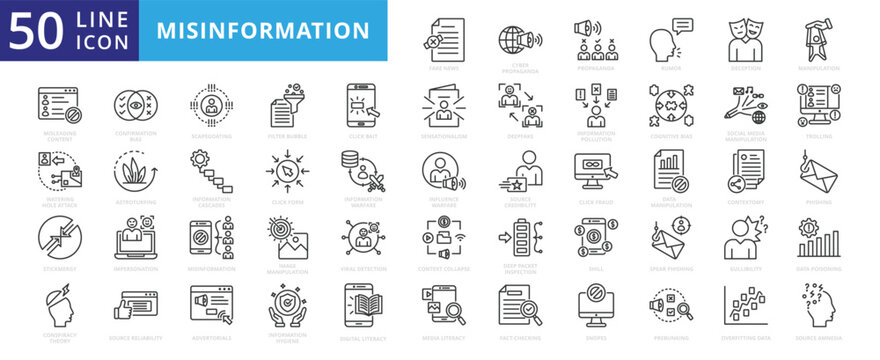Misinformation icon set with fake news, cyber, propaganda, rumor, deception, manipulation, stickmergy and misleading content.