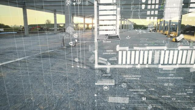 Augmented reality overlay of house blueprints and mathematical equations on a construction site at sunset, highlighting the integration of technology in building planning