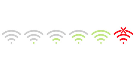 Wireless signal level icon set. No wifi. Different levels of Wi Fi signal. Vector illustration on white background