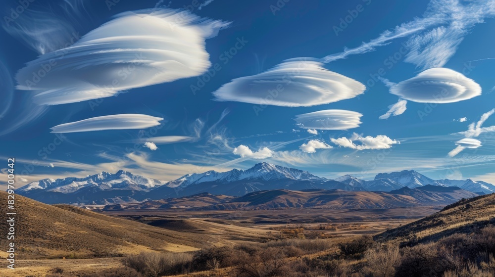 Poster the sky is filled with an army of lenticular clouds marching in formation over the mountain range.
