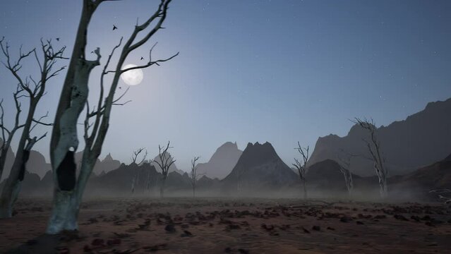 Arid desert environment on night, with dead trees, mist, branches and leaves, birds flying above, 3D animation, animated scene, camera dolly right