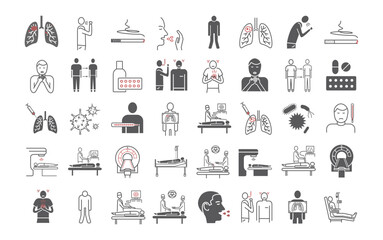 Lung Cancer. . Symptoms, Causes, Treatment. Line icons set. Vector signs for web graphics.