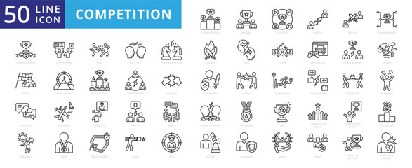 Competition icon set with rivalry, contest, match, battle, tournament, championship, race, conflict, struggle and opposition.