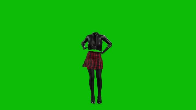 3D invincible woman wearing leather jacket, short skirt and high heels, dancing on green screen, 3D animation. Dance style 2