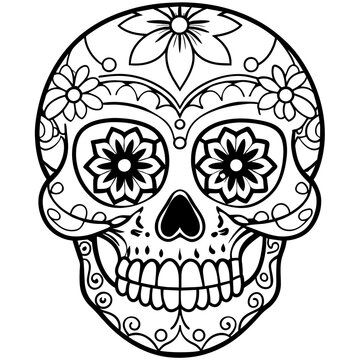 recommend clip art: Detailed sugar skull line art, perfect for coloring or tattoo design. Monochrome Day of the Dead skull illustration with complex designs. Black and white sugar skull with floral and geometric patterns