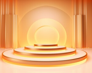 Obraz premium Abstract golden podium with glowing lights and arch background, perfect for product display or award ceremony.