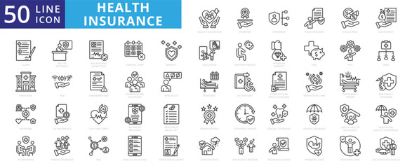 Health insurance icon set with premium, coverage, policyholder, deductible, copayment, claim, provider, network and benefit.