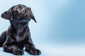 Full body studio portrait of a beautiful black Labrador dog. The dog is lying down and looking up over background of pastel shades, radiating charm and playfulness.