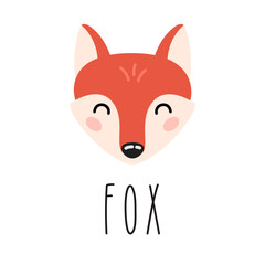 Cute cartoon red fox head with lettering. Kids design for print, poster, stickers, nursery. Vector illustration