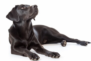 Obraz premium Full body studio portrait of a beautiful black Labrador dog. The dog is lying down and looking up over background of pastel shades, radiating charm and playfulness.