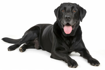 Full body studio portrait of a beautiful black Labrador dog. The dog is lying down and looking up over background of pastel shades, radiating charm and playfulness.