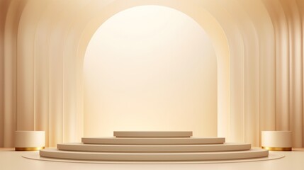 Elegant beige architectural arch with podium and light. Perfect for product display, ceremony backdrop, or luxurious settings decor.