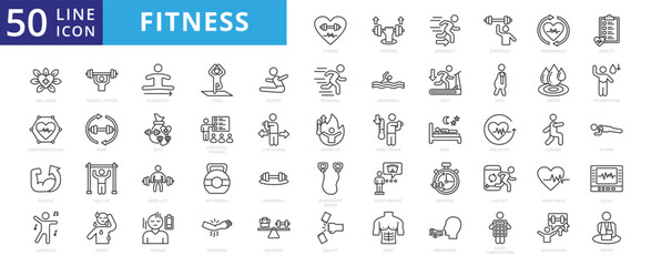 Fitness icon set with exercise, workout, strength, endurance, health, wellness, cardiovascular, muscle and aerobics.