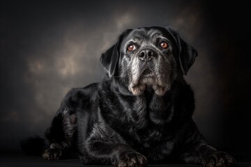 Obraz premium Full body studio portrait of a beautiful black Labrador dog. The dog is lying down and looking up over background of pastel shades, radiating charm and playfulness.