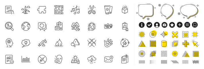 Set of Inspect, Cut and New message line icons for web app. Design elements, Social media icons. Solar panel, Music, Maze attention icons. Meditation eye, Puzzle, Sunscreen signs. Vector