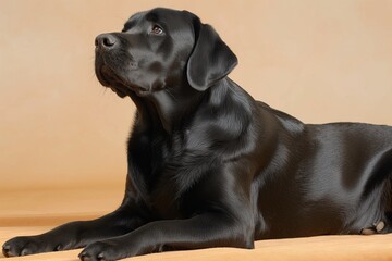 Full body studio portrait of a beautiful black Labrador dog. The dog is lying down and looking up over background of pastel shades, radiating charm and playfulness.