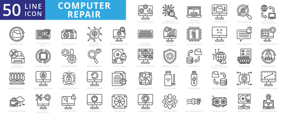 Computer repair icon set with hardware, troubleshooting, software, installation, system backup and virus removal.