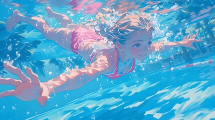 Fototapeta premium swimming in the pool, woman with long wavy red hair wearing a pink and blue pastel neon suit floating underwater, which in Generate AI