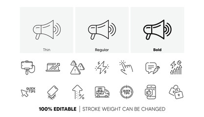 Cursor, Delivery truck and Attention line icons. Pack of Megaphone, Locks, Smartphone broken icon. Quick tips, Electricity consumption, Sales diagram pictogram. Power, Mobile like, Tips. Vector