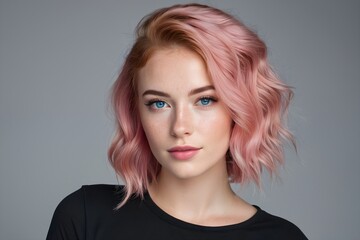 Naklejka premium Portrait of a beautiful woman with pink hair, blue eyes, and red lips wearing a black t-shirt on a gray background
