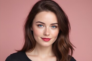 Fototapeta premium Beautiful woman with brunette hair, blue eyes, and red lips wearing a black t-shirt on a pink background