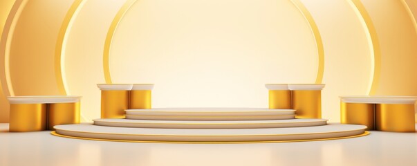 Elegant golden stage with podium and arch design, perfect for celebrations, presentations, and special events, featuring luxury and sophistication.