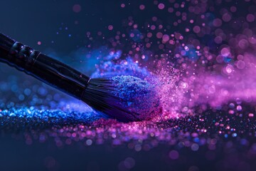 A makeup brush is covered in colorful powder, creating a vibrant