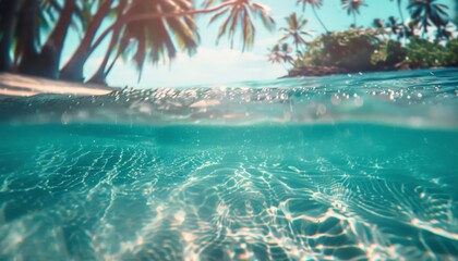 Amazing beautiful landscape with half underwater split view of tropical beach with palm trees and crystal clear ocean water with bright sun shining through