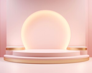 Elegant pastel pink podium with round backdrop, perfect for product showcase, studio photography, and minimalistic design concepts.