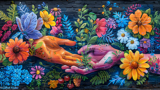 Graffiti artwork showcasing pair of hands planting seeds with the words Cultivate Kindness in vibrant colors promoting empathy and compassion