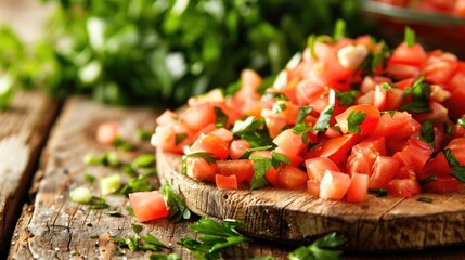 Juicy chopped tomatoes close up photo on wooden chopping board with parsley greens - Powered by Adobe