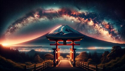 Torii with Mount Fuji and Milky Way, Generative AI