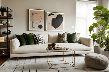 Comfortable sofa with pillows placed in front of shelf with various decors in living room at modern apartment