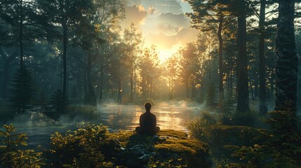 Augmented reality app for guided meditation in a tranquil forest setting, user perspective with digital overlays on natural scenery