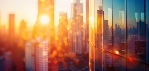 The photo is of a cityscape with skyscrapers made of glass and steel reflecting the sunlight.