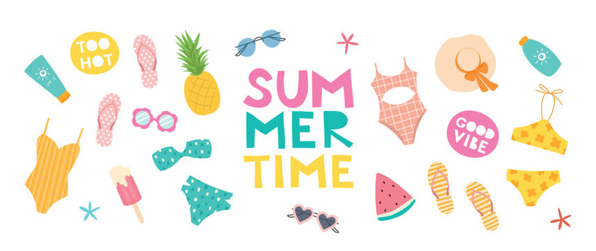 Summer time. Set of cute vector illustrations: watermelon, swimsuit, sunglasses, starfish, pineapple, flip flops, ice cream and etc. isolated on a white background for poster, card, banner, invitation