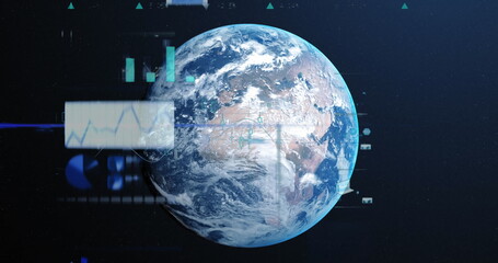 A digital representation of Earth with various data charts and graphs overlaying image