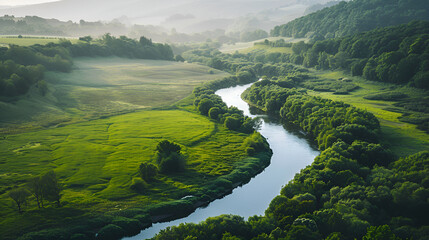 Morning View of  lake in lush green forest valley Serene Green Valley with a Winding River and Distant Cottage at Dusk