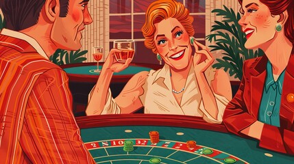Casino party with 1960s Hollywood glamour, Starstudded, Vintage, Watercolor