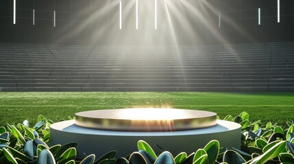 podium in the center of a stadium, surrounded by rows of empty seats and light flashes, The podium is simple and perfect to show your product, the playground of grass inside the soccer football 