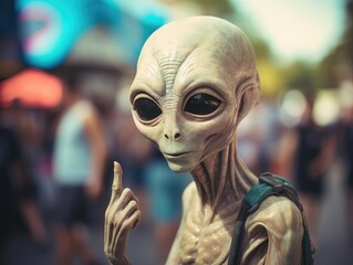 An alien against the backdrop of an atmospheric dark sky. UFO day
