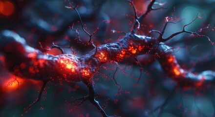 Close-up of glowing neurons in a neural network. Concept of brain activity, artificial intelligence, and neural connections.