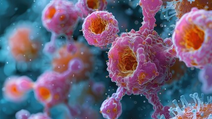 Naklejka premium Close-up of vibrant microscopic cells in a biological environment, showcasing detailed structure and vibrant colors.
