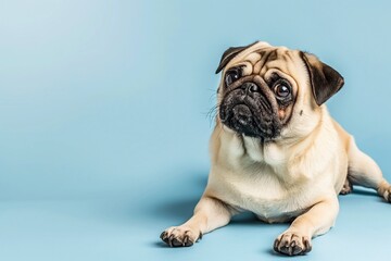 Full body studio portrait of a beautiful pug dog. The dog is lying down and looking up over a background of pastel shades, radiating charm and playfulness.