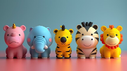 Colorful and cute cartoon animal figurines row, including pink rhino, blue elephant, yellow tiger, zebra, and lion on pastel background.