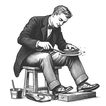 recommend clip art: gentleman carefully shining a shoe, depicting classic personal grooming sketch engraving generative ai fictional character raster illustration. Scratch board imitation. Black and white image.
